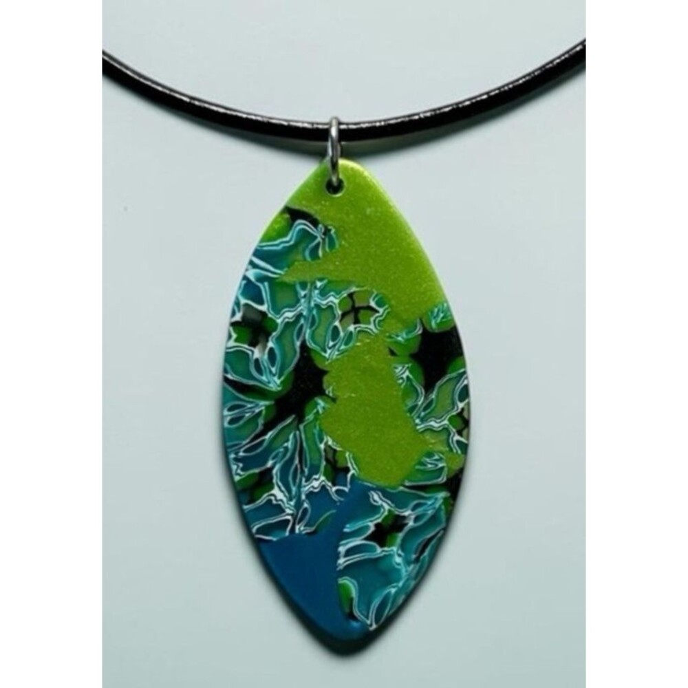 Handmade Blue & Green Abstract Floral Polymer Clay Large Pendant Necklace Chain